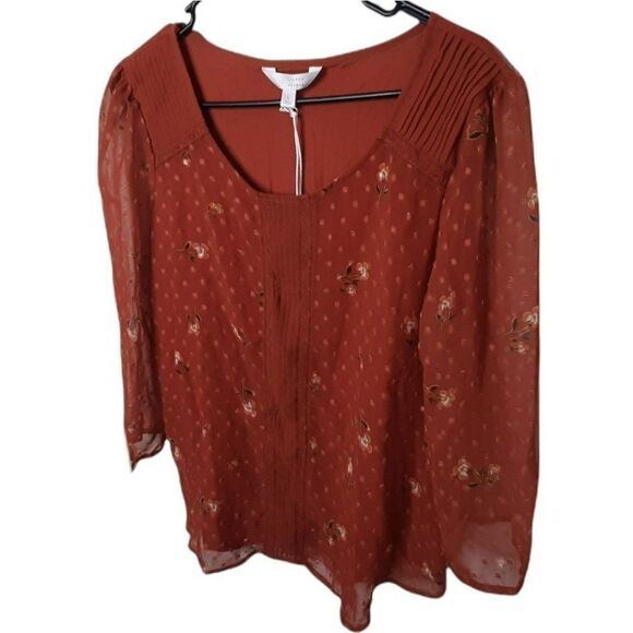 LC Lauren Conrad 3/4 Clipped Floral Dot Blouse in Rust Orange sz L NWT - Picture 2 of 8